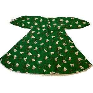 Handmade Chrsitmas Dress Little Girls Green Cat Dog Long Sleeve Lace Trim